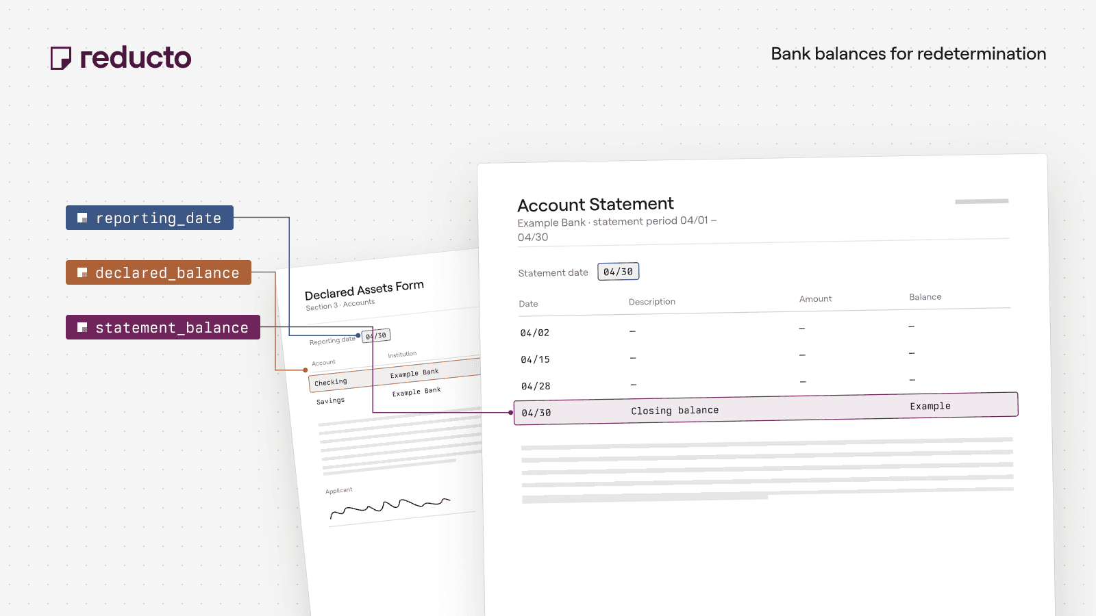 Reducto cookbook illustration — Reconcile Bank Statement Balances for Benefit Redetermination.