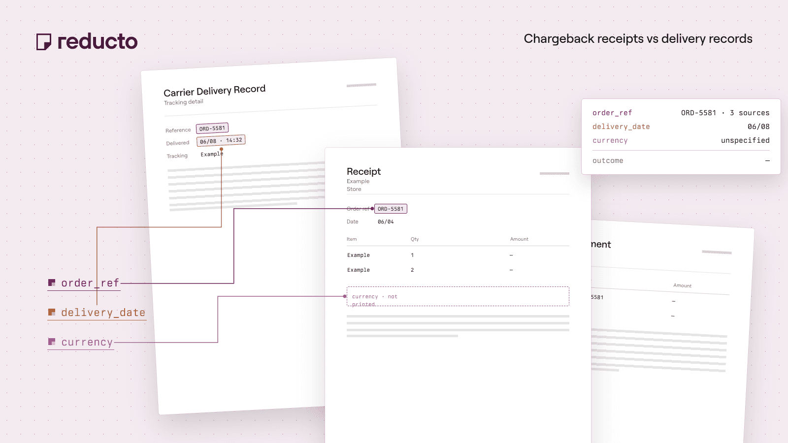 Reducto cookbook illustration — Chargeback Evidence Extraction: Reconcile Receipts and Delivery Records.