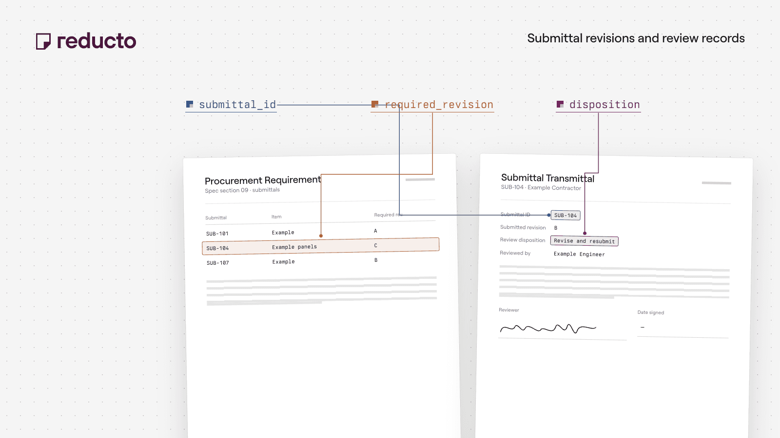 Reducto cookbook illustration — Construction Submittal Review: Check Revisions and Approval Records.