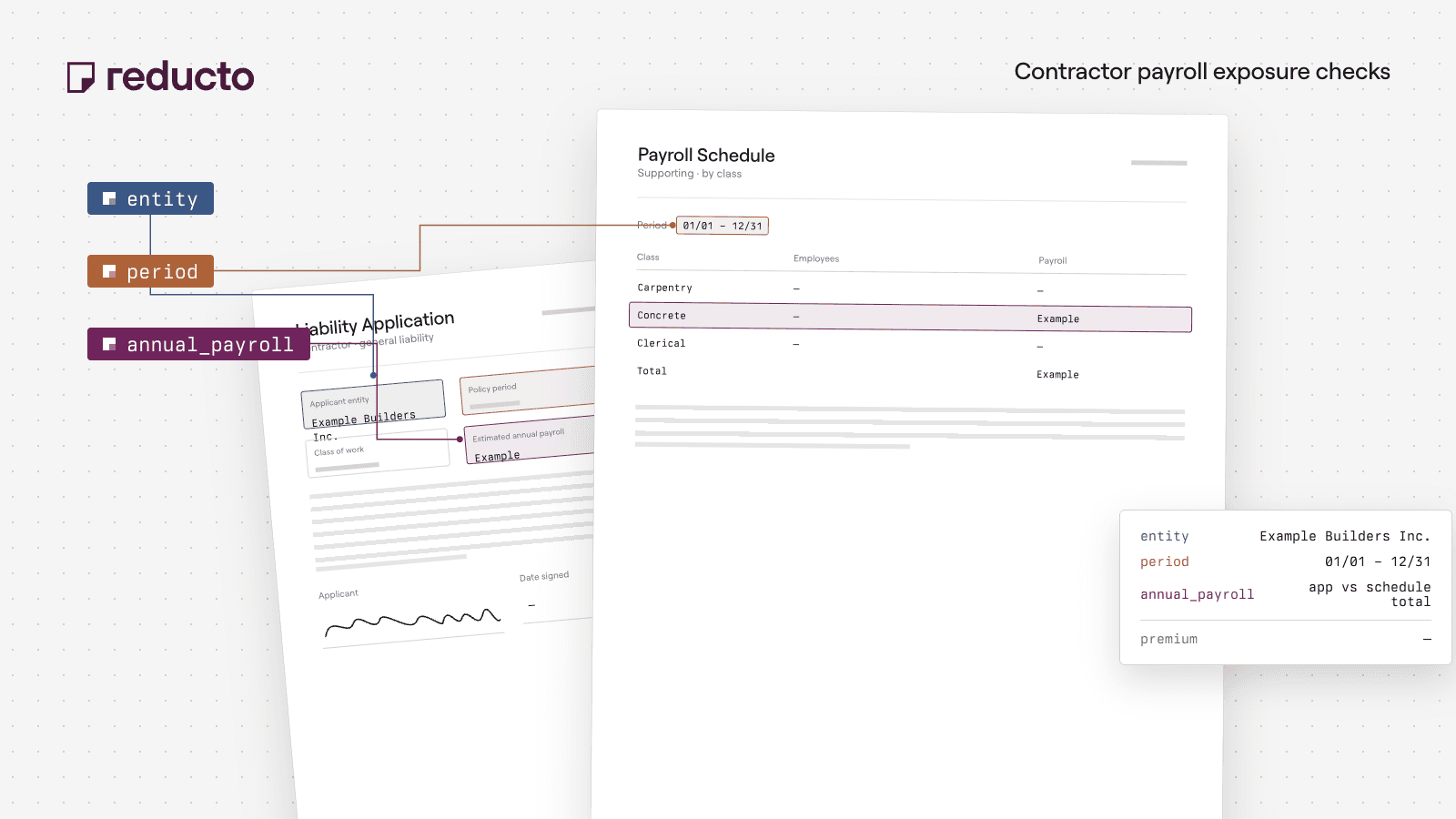 Reducto cookbook illustration — Reconcile Payroll Exposure in Contractor Insurance Submissions.