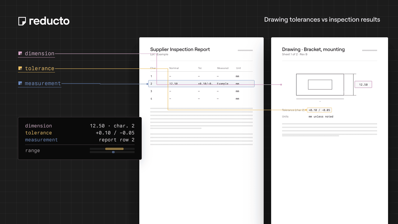 Reducto cookbook illustration — Extract Drawing Tolerances and Compare Supplier Inspection Results.