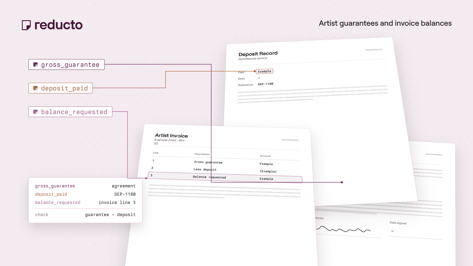 Reducto cookbook illustration — Festival Artist Invoice Reconciliation: Check Guarantee Balances.