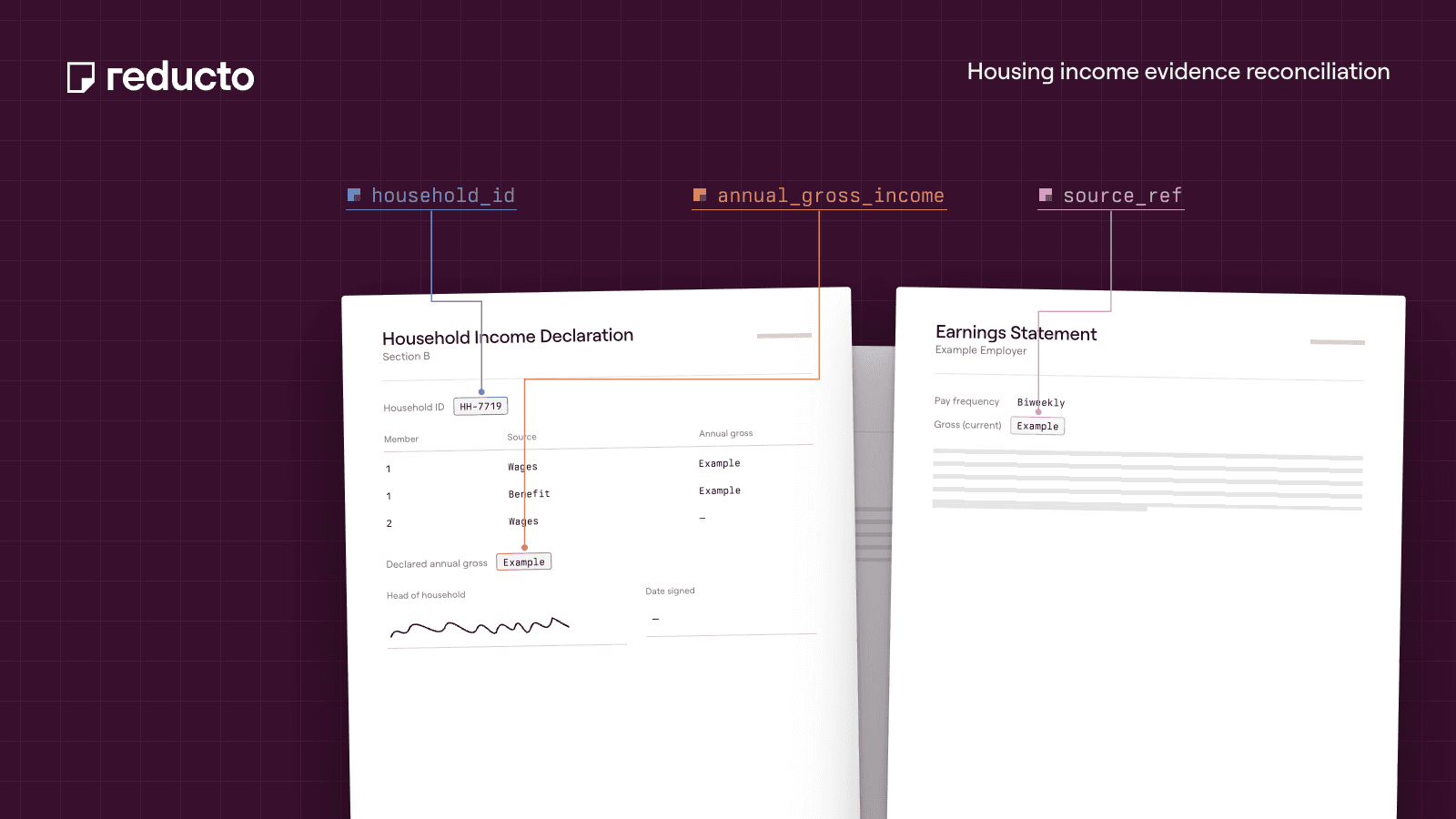 Reducto cookbook illustration — Reconcile Housing Income Declarations with Pay and Benefit Records.