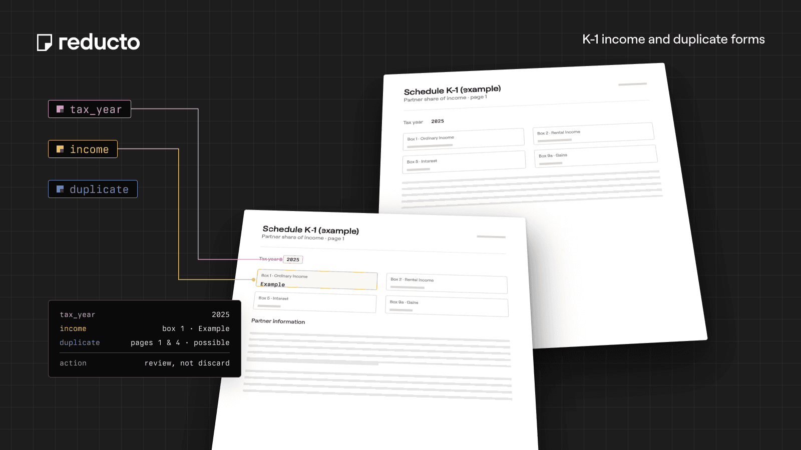 Reducto cookbook illustration — Extract Schedule K-1 Income and Flag Duplicate Tax Forms.