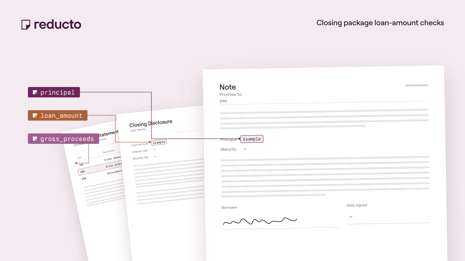 Reducto cookbook illustration — Mortgage Closing Document Checks: Reconcile Loan Amounts and Borrower Names.