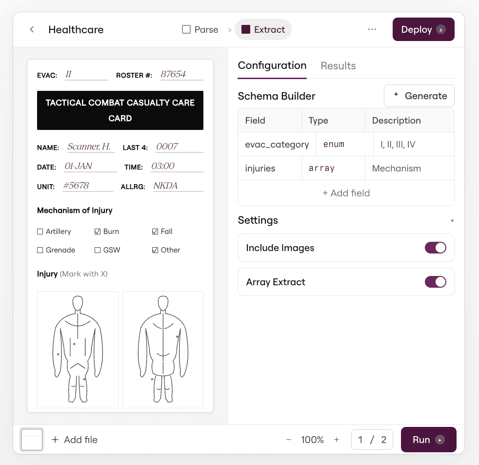 Reducto Studio showing a healthcare document with extraction schema and pipeline settings.
