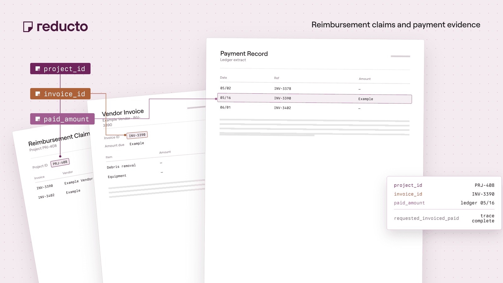 Reducto cookbook illustration — Disaster Reimbursement: Reconcile Invoices and Payment Evidence.